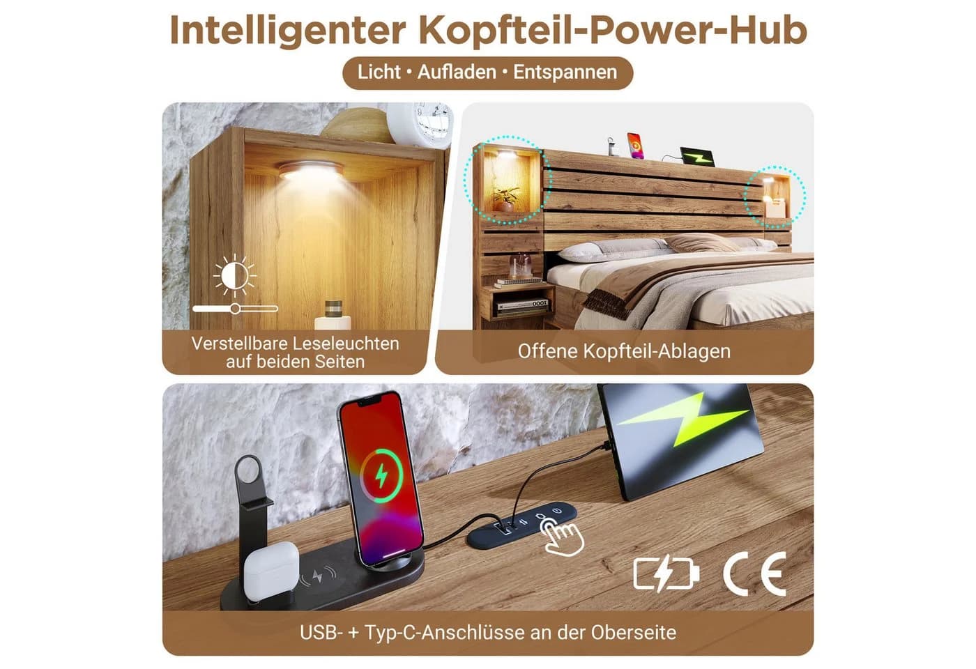 MODFU Holzbett 180x200 mit LED, Schubladen & USB-Anschluss - Bild 4