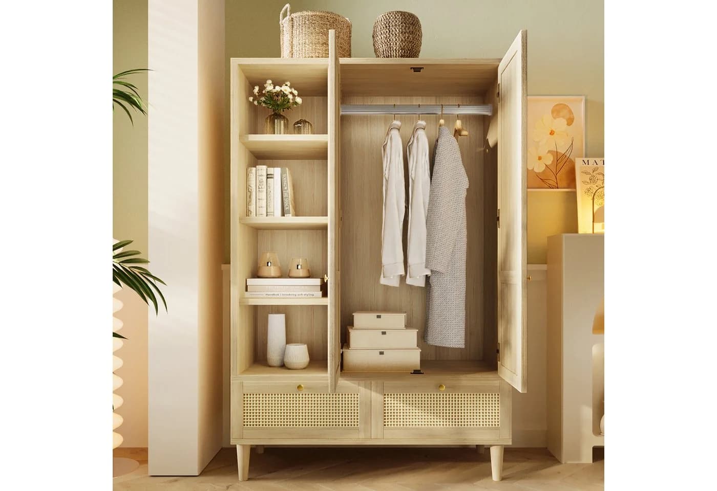 MODFU Kleiderschrank 180x120x50 cm Rattanflecht-Optik Eiche - Bild 2
