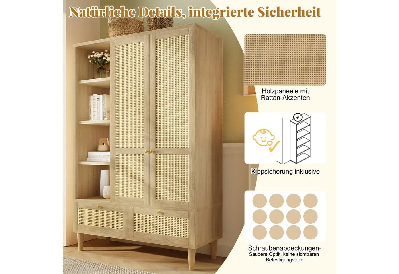 MODFU Kleiderschrank 180x120x50 cm Rattanflecht-Optik Eiche - Bild 3