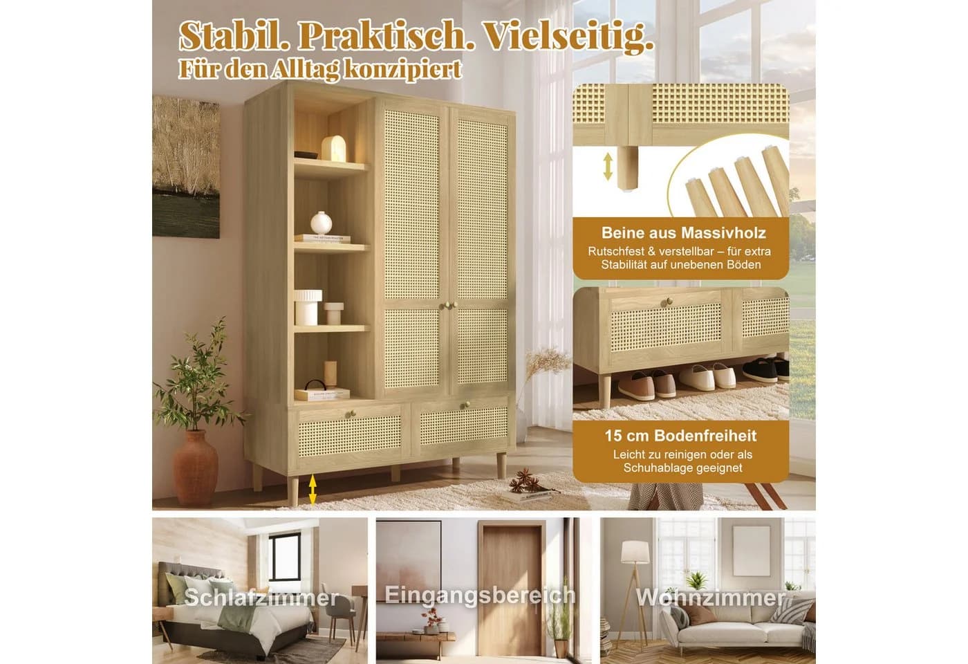 MODFU Kleiderschrank 180x120x50 cm Rattanflecht-Optik Eiche - Bild 4
