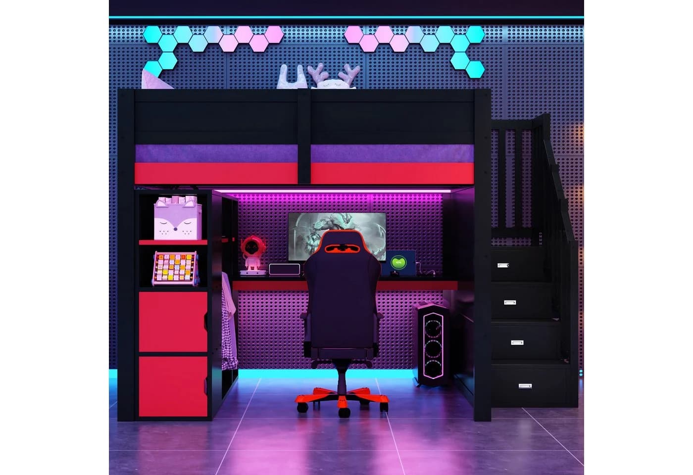 MODFU Hochbett Gaming-Zimmer mit Schreibtisch, LED & Stauraum-Treppe Schwarz/Rot - Bild 4