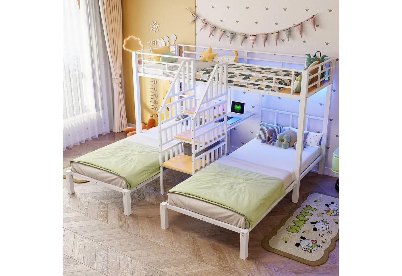 MODFU Etagenbett aus Eisen mit drei Liegeplätzen, LED-Beleuchtung, 90x200 cm