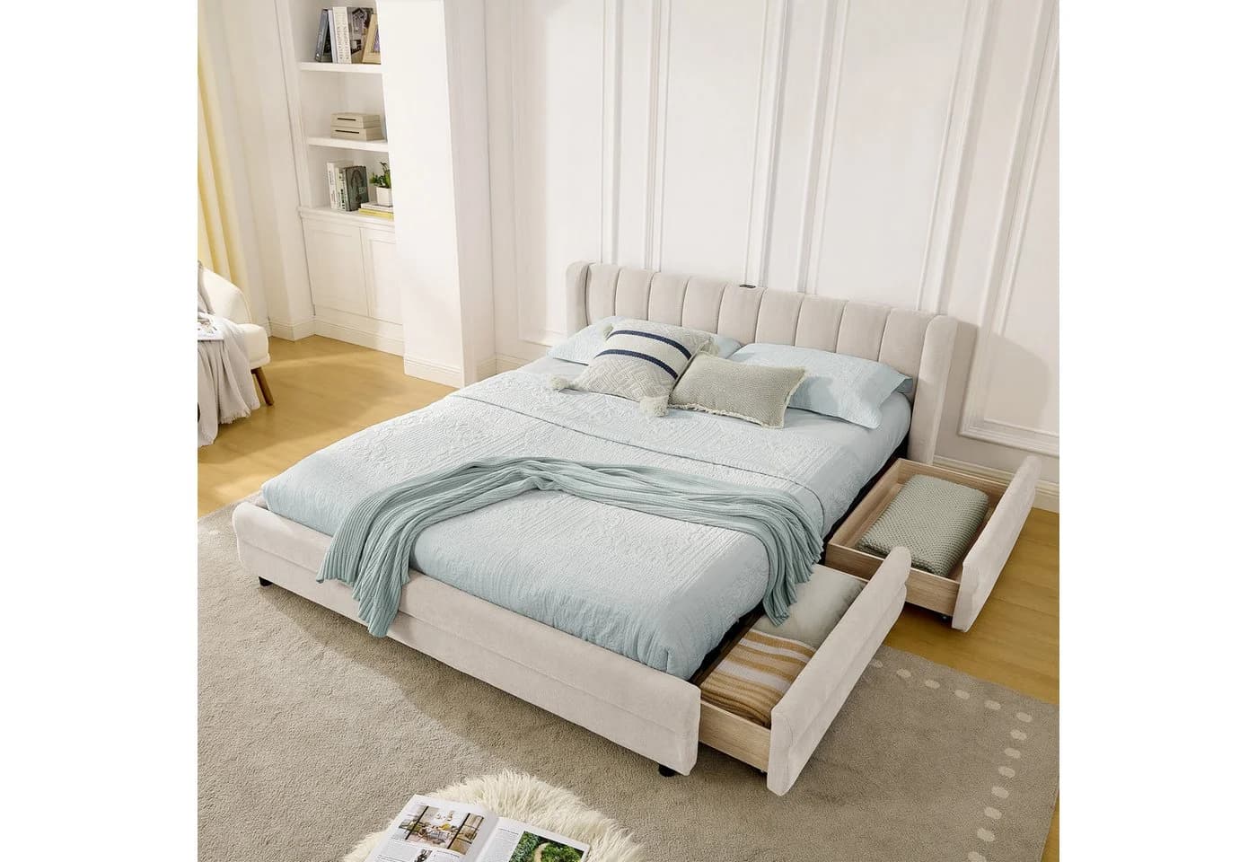 MODFU Polsterbett Beige mit Stauraum & USB-Anschluss