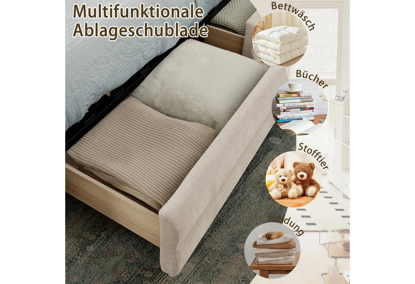 MODFU Polsterbett Beige mit Stauraum & USB-Anschluss - Bild 3