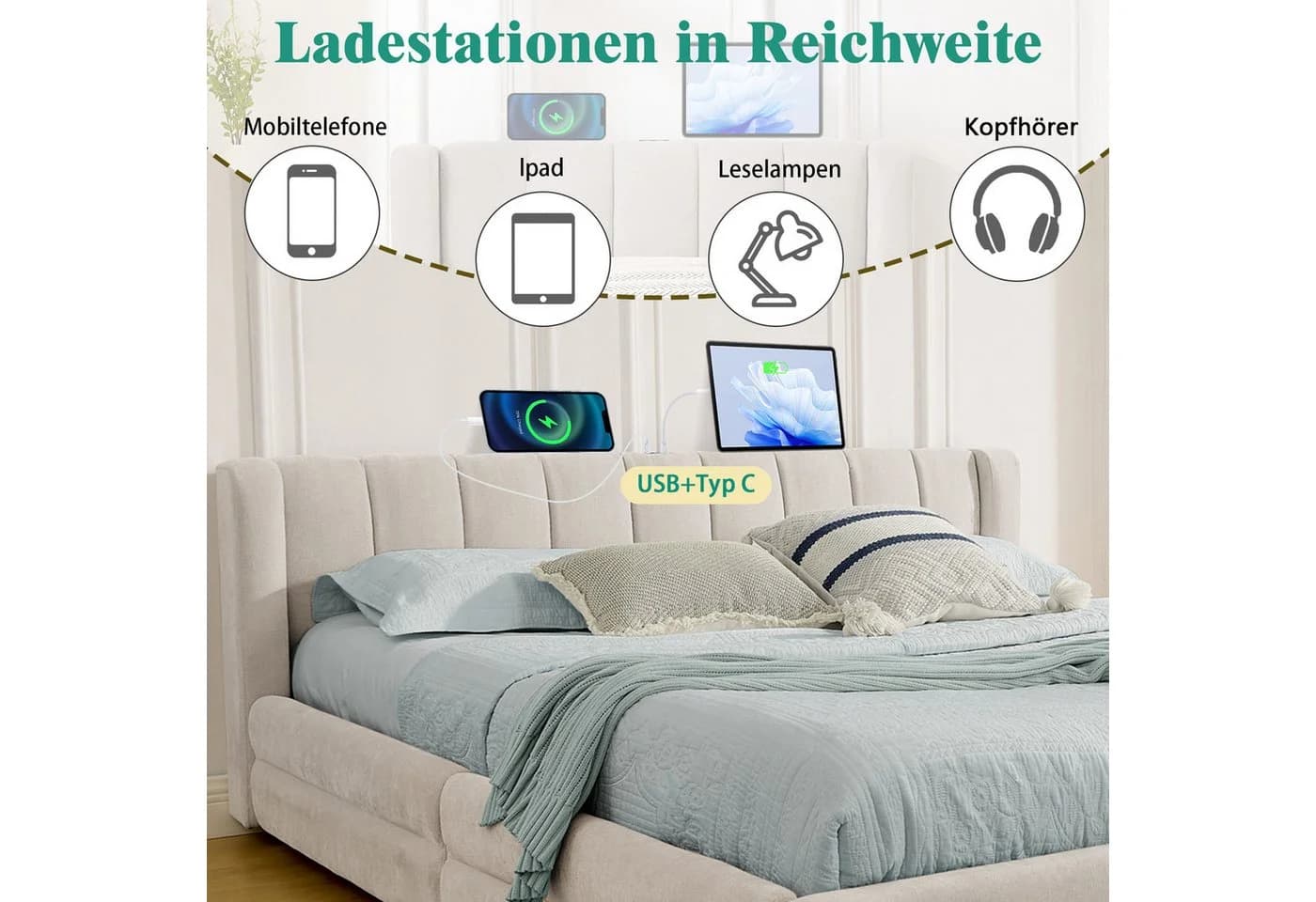 MODFU Polsterbett Beige mit Stauraum & USB-Anschluss - Bild 4