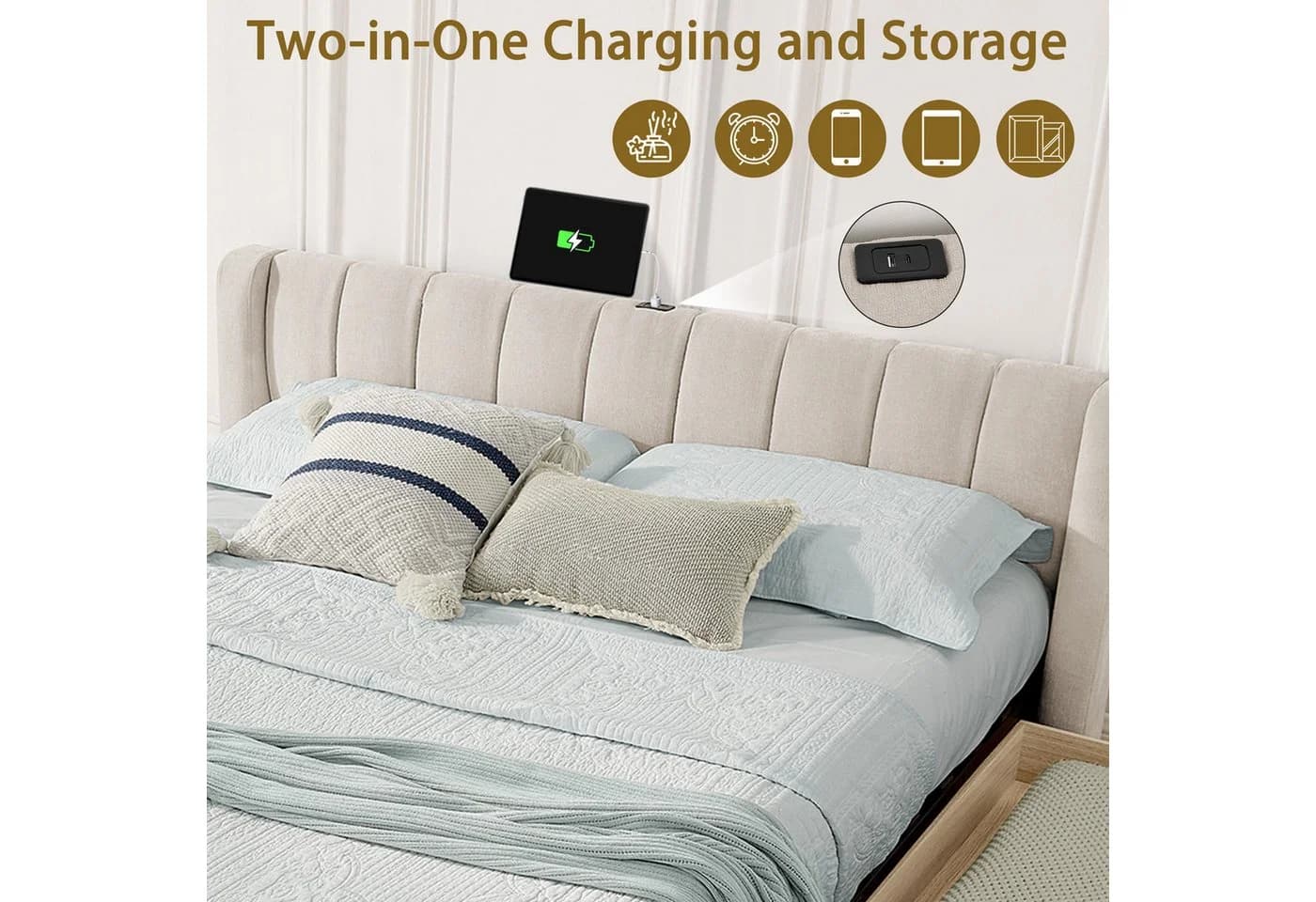 MODFU Polsterbett Beige mit Stauraum & USB-Anschluss - Bild 5