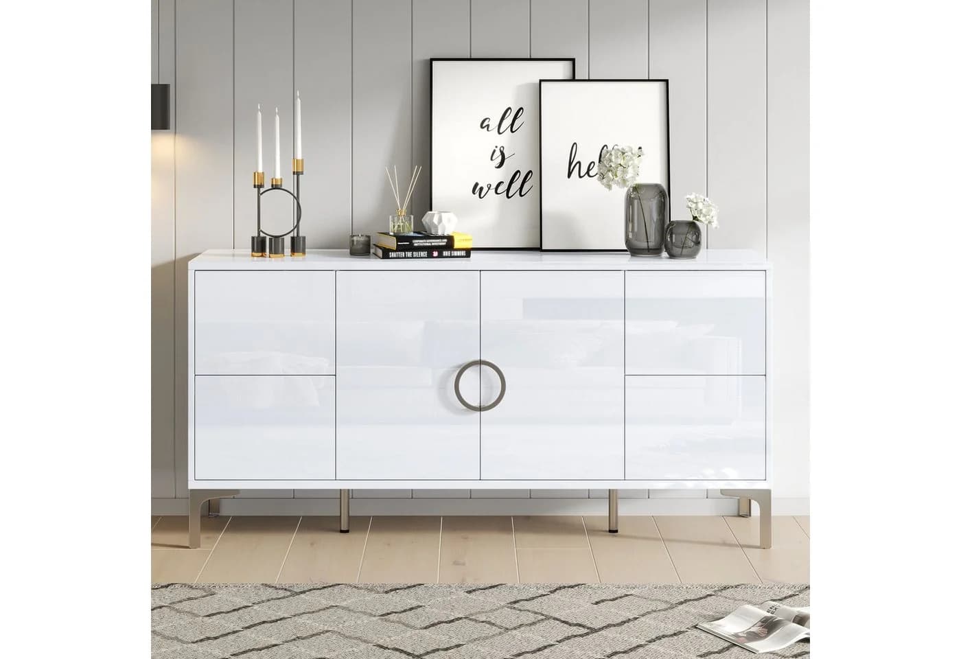MODFU Sideboard Hochglanz Weiß Grifflos 4 Schubladen - Bild 3