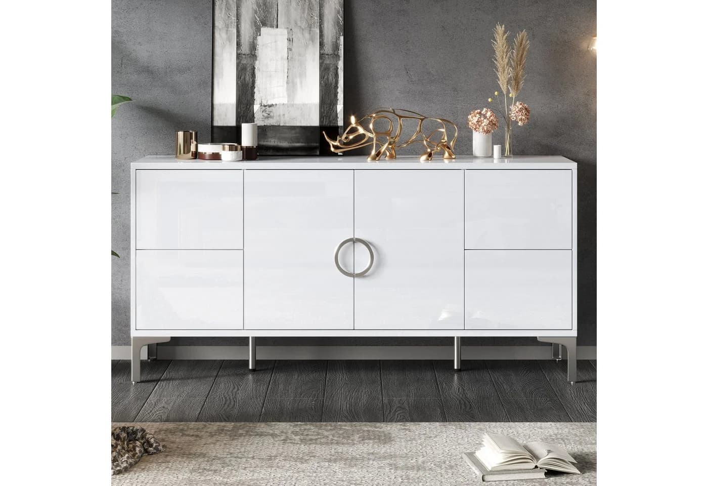 MODFU Sideboard Hochglanz Weiß Grifflos 4 Schubladen - Bild 4