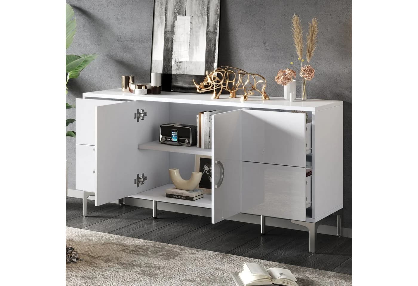 MODFU Sideboard Hochglanz Weiß Grifflos 4 Schubladen - Bild 5