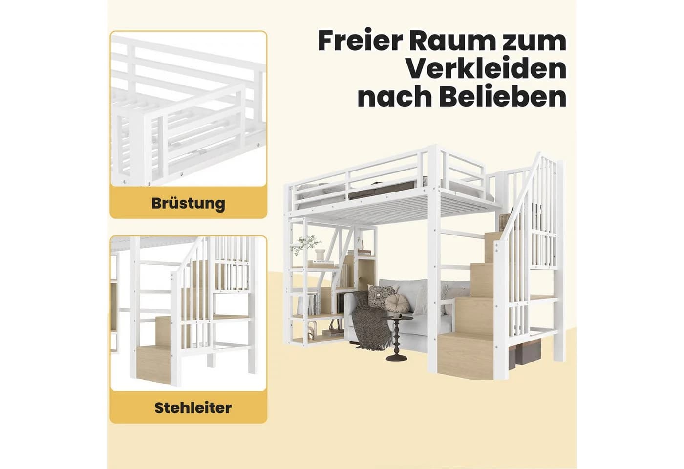 MODFU Hochbett mit LED-Beleuchtung und Stauraum-Leiter Weiß/Schwarz - Bild 5