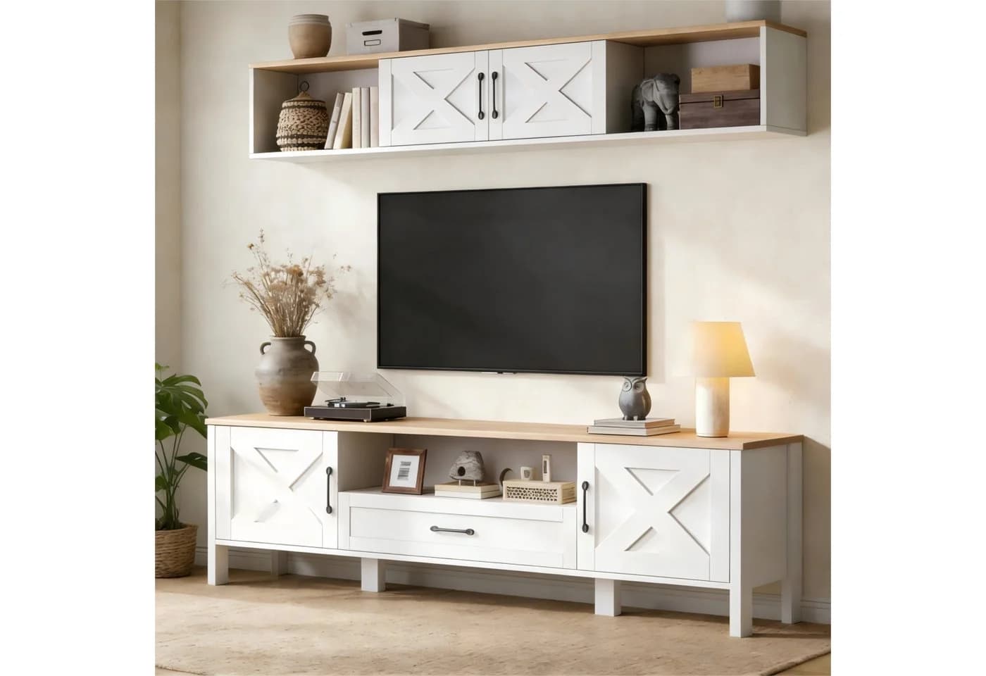 MODFU TV-Schrank Mediawand Weiß 180 cm mit Hängevitrine - Bild 2