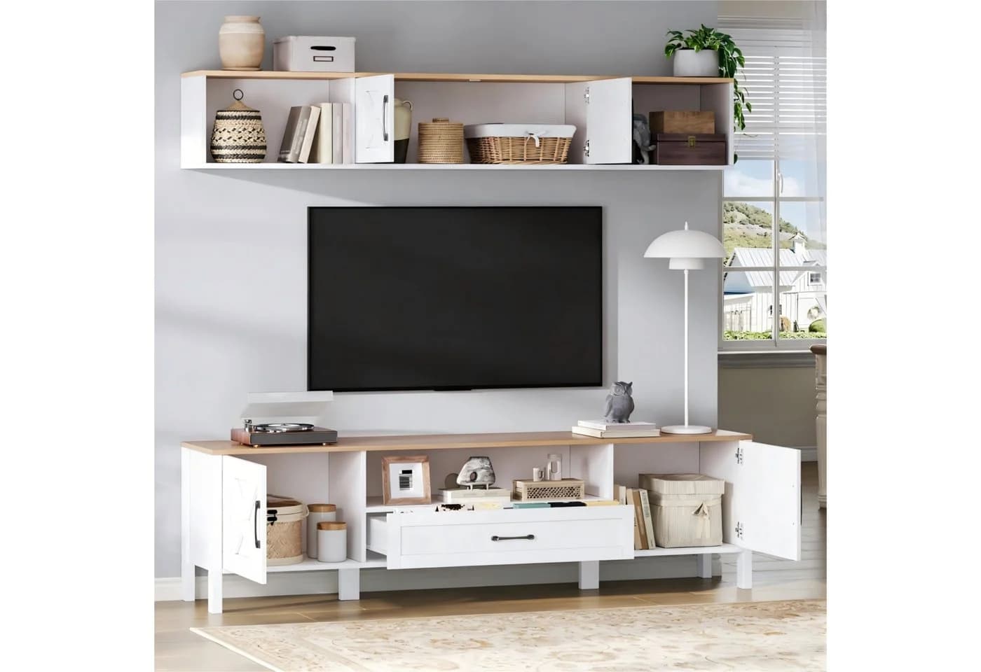 MODFU TV-Schrank Mediawand Weiß 180 cm mit Hängevitrine - Bild 4