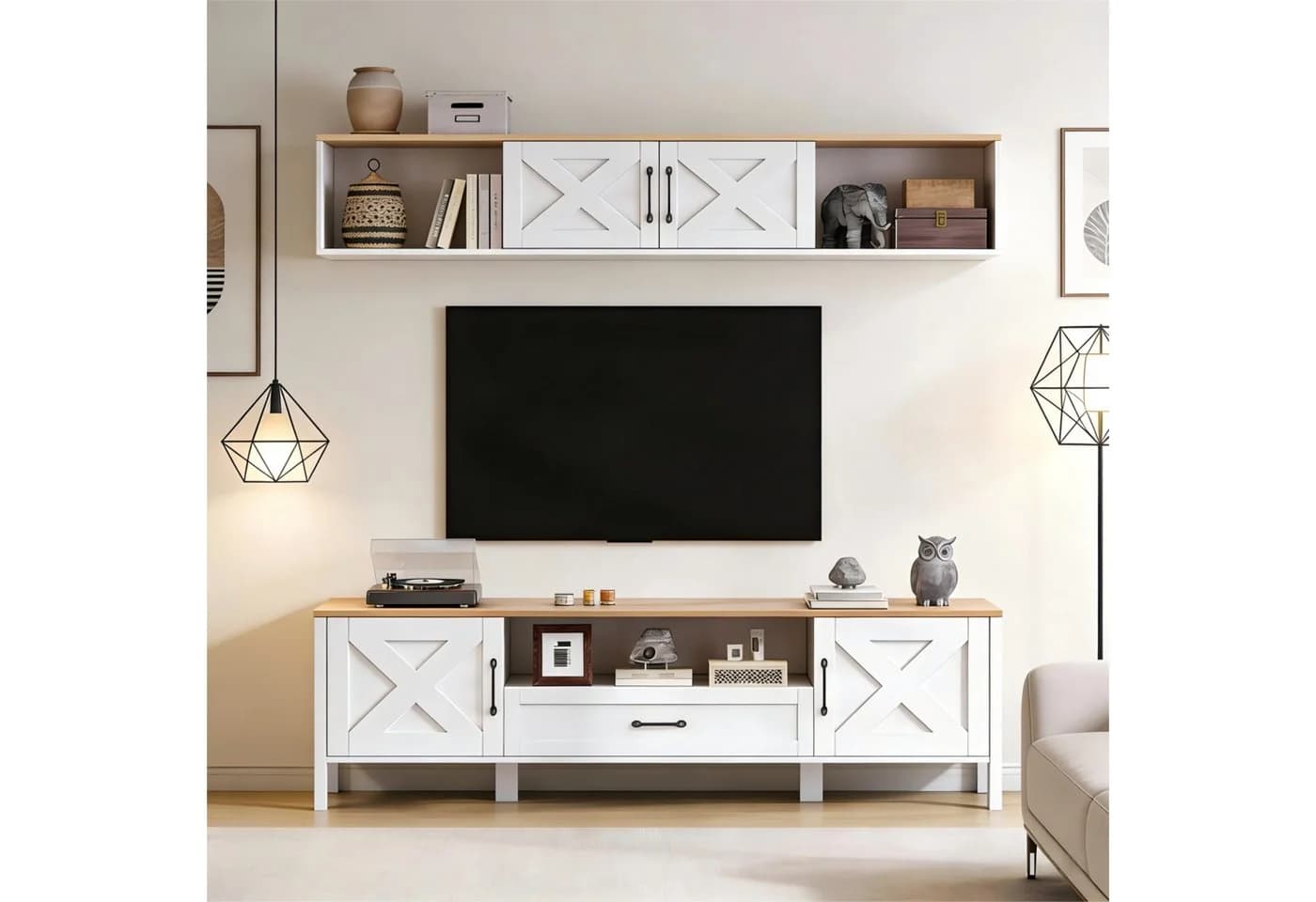 MODFU TV-Schrank Mediawand Weiß 180 cm mit Hängevitrine - Bild 5