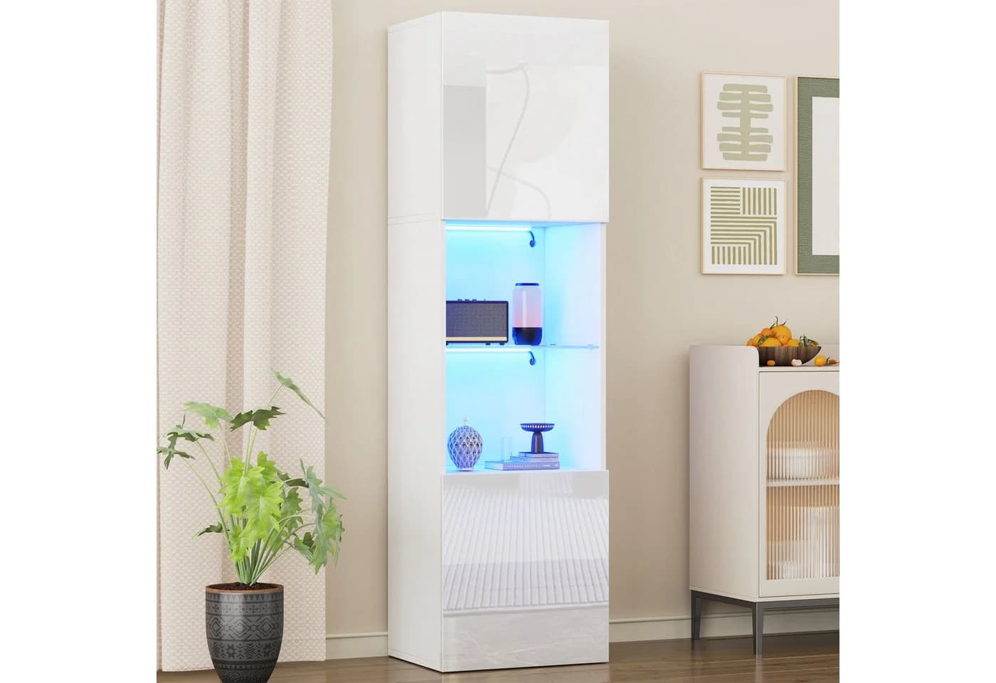 MODFU Vitrine Hochglanz Weiß mit LED-Beleuchtung & Glasboden