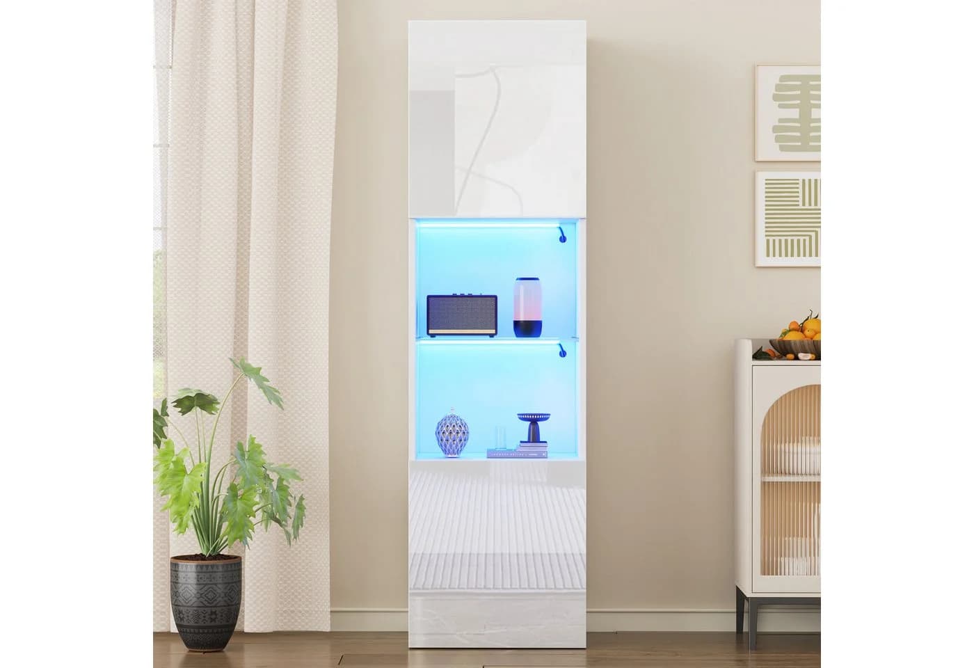 MODFU Vitrine Hochglanz Weiß mit LED-Beleuchtung & Glasboden - Bild 2