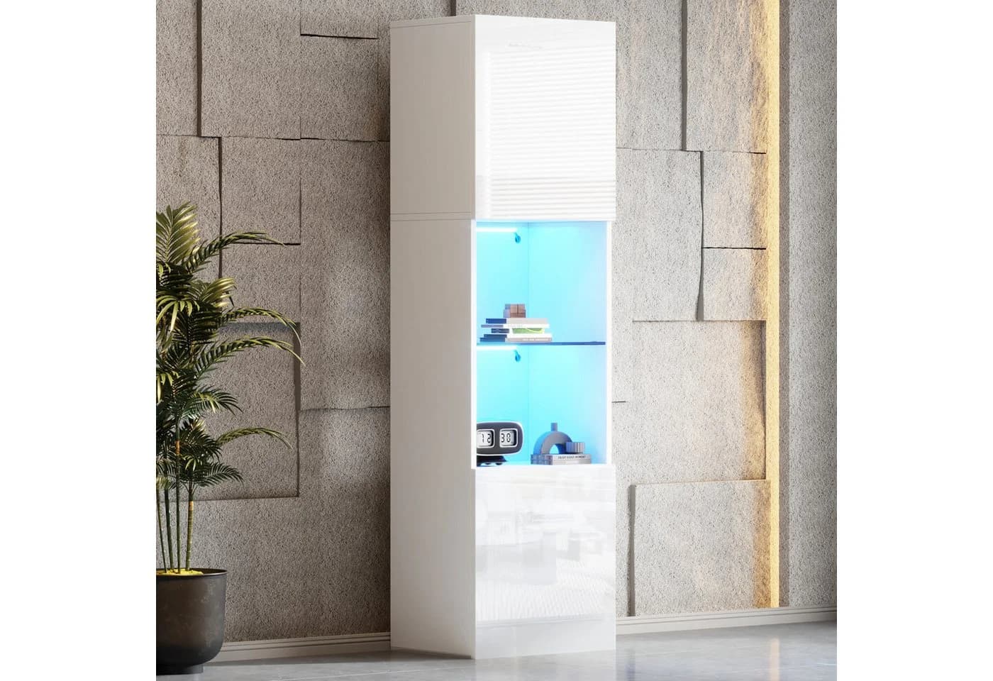 MODFU Vitrine Hochglanz Weiß mit LED-Beleuchtung & Glasboden - Bild 4