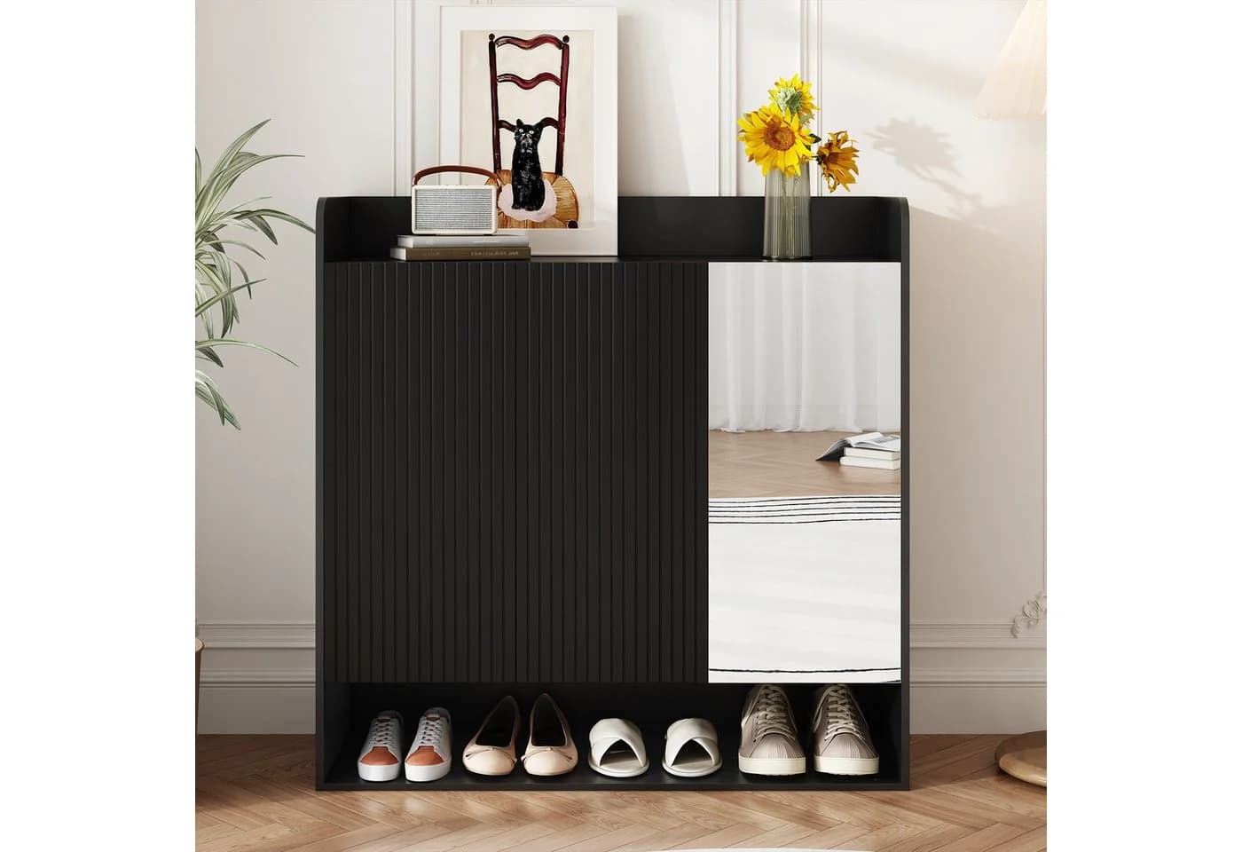 MODFU Schuhschrank Schwarz mit Spiegel und verstellbaren Böden - Bild 2