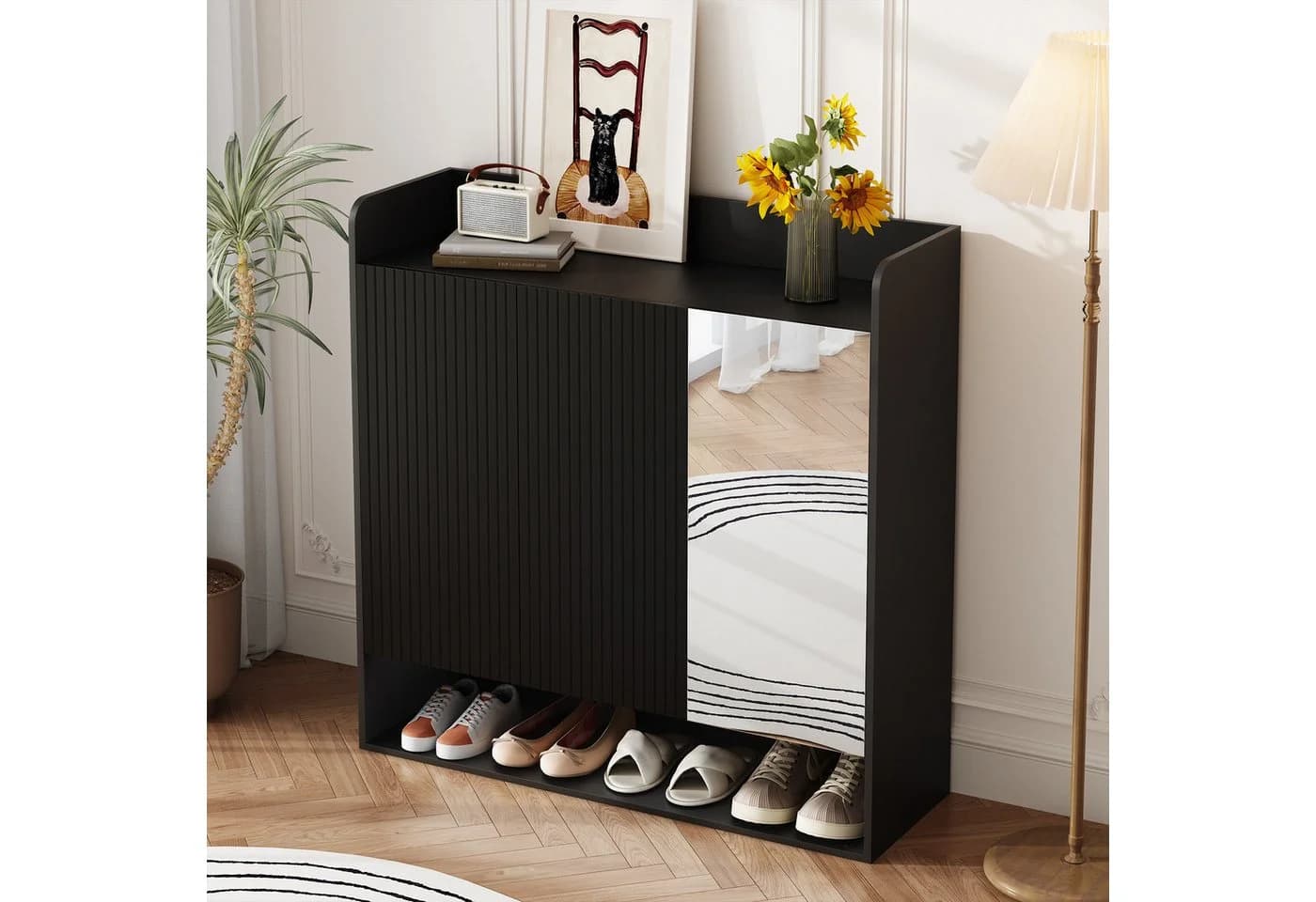 MODFU Schuhschrank Schwarz mit Spiegel und verstellbaren Böden - Bild 3