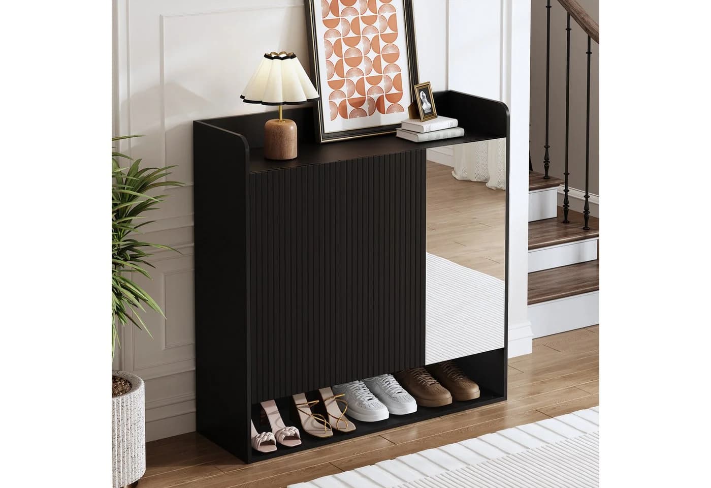 MODFU Schuhschrank Schwarz mit Spiegel und verstellbaren Böden - Bild 4