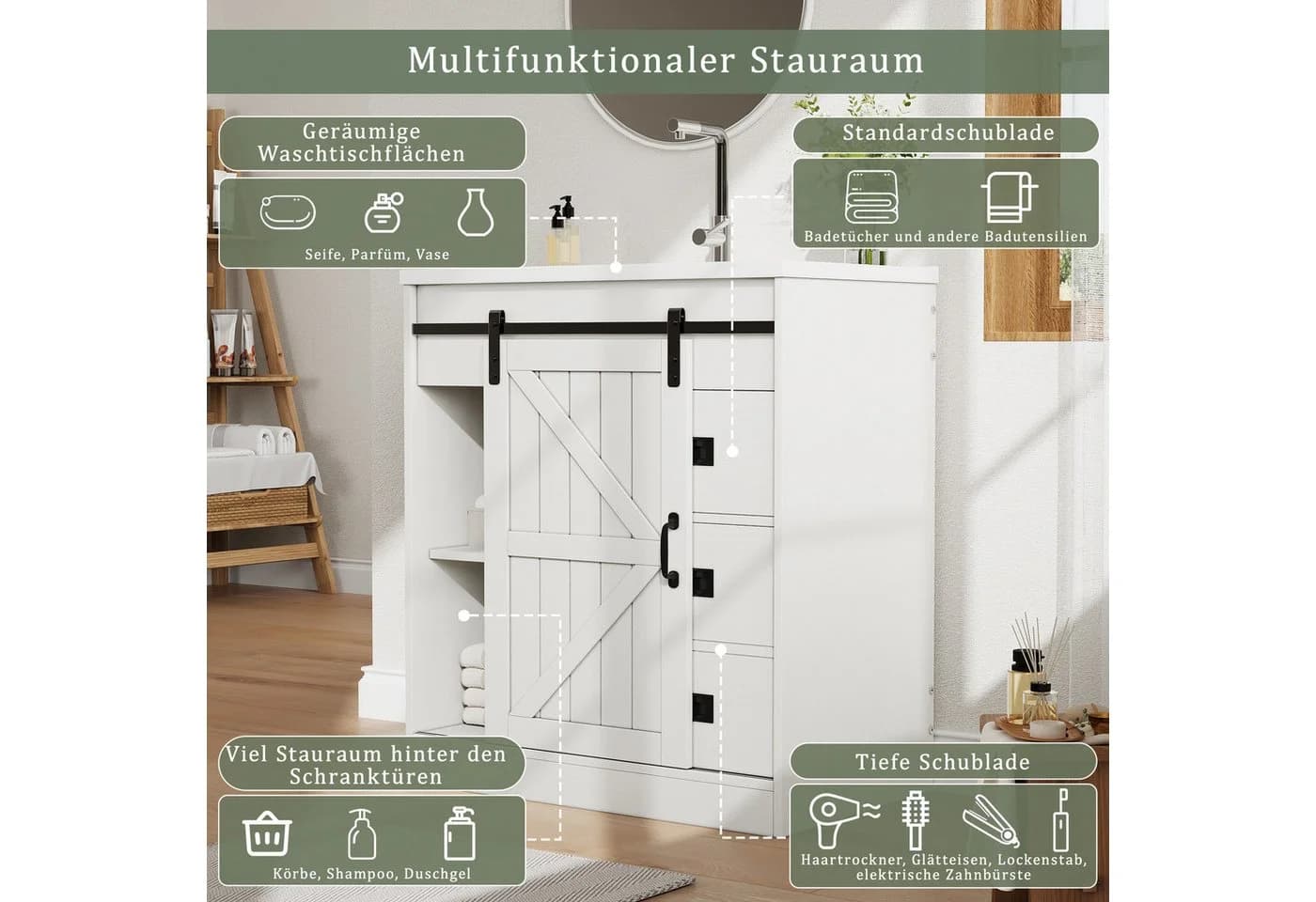 MODFU Badkommode mit Keramikwaschbecken Weiß Scheunentor-Design - Bild 4