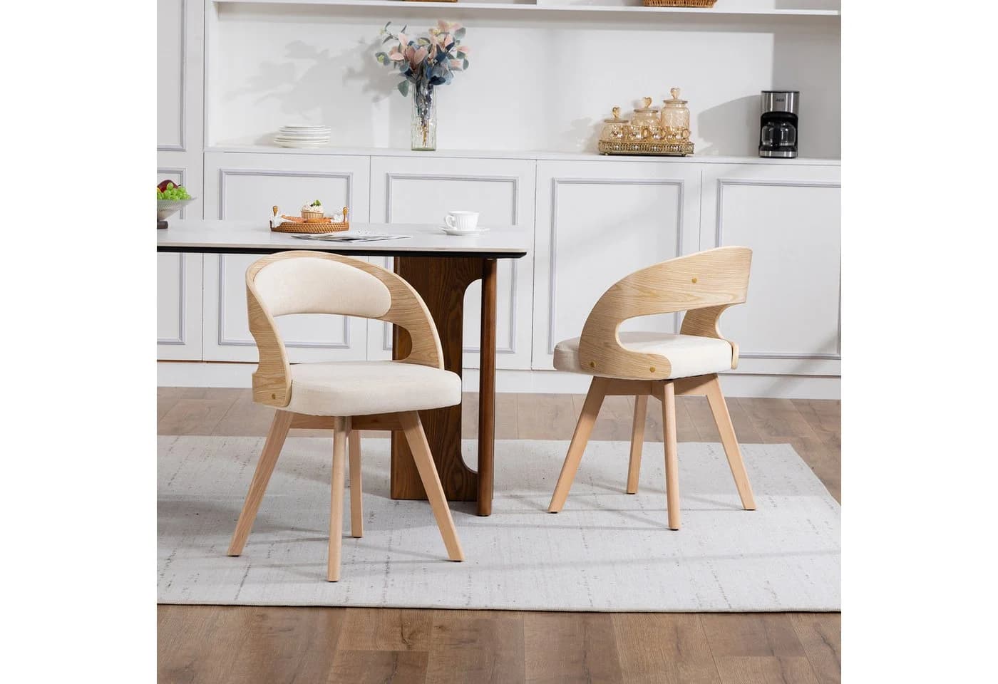 MODFU Esszimmerstuhl Drehstuhl Beige Leinen Buchenholz