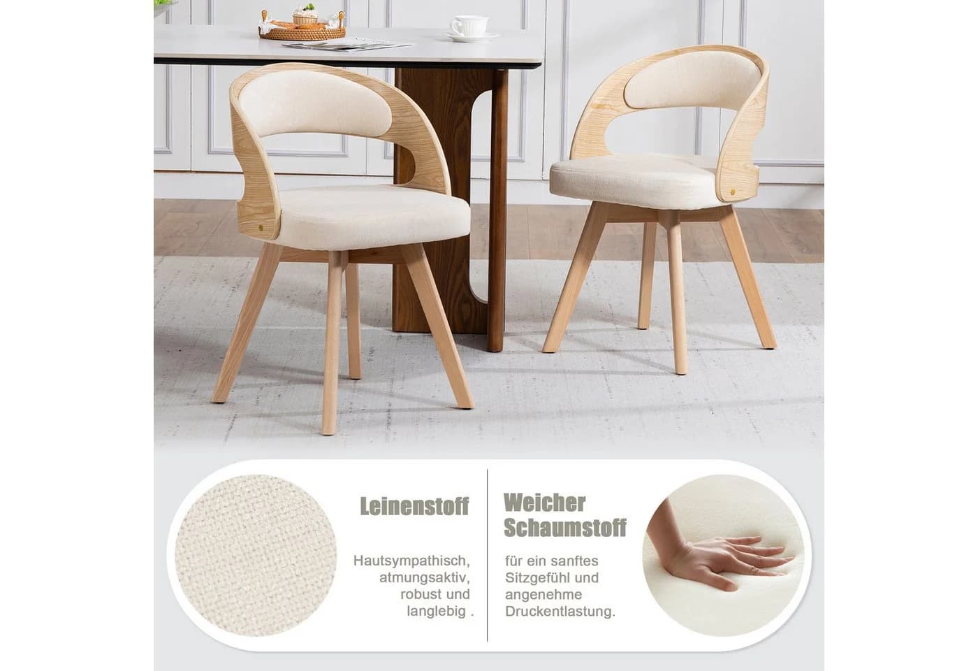 MODFU Esszimmerstuhl Drehstuhl Beige Leinen Buchenholz - Bild 4