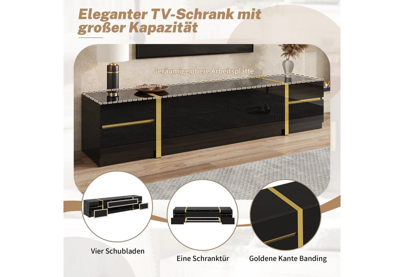 MODFU TV-Schrank Hochglanz Schwarz Gold - Bild 5