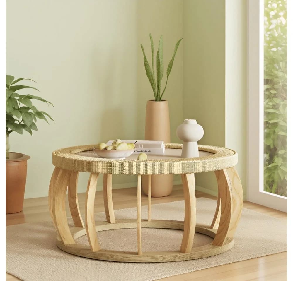 MODFU Runder Couchtisch Rattan-Optik Massivholz Beige