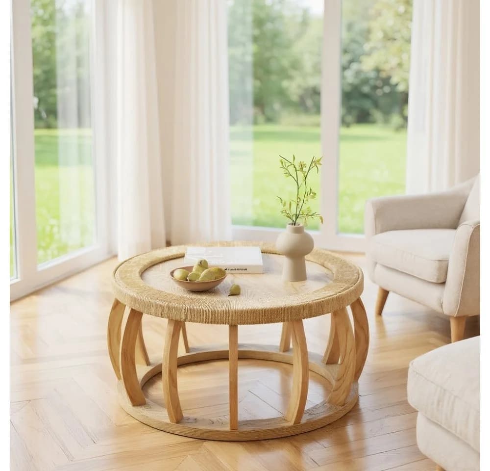 MODFU Runder Couchtisch Rattan-Optik Massivholz Beige - Bild 2