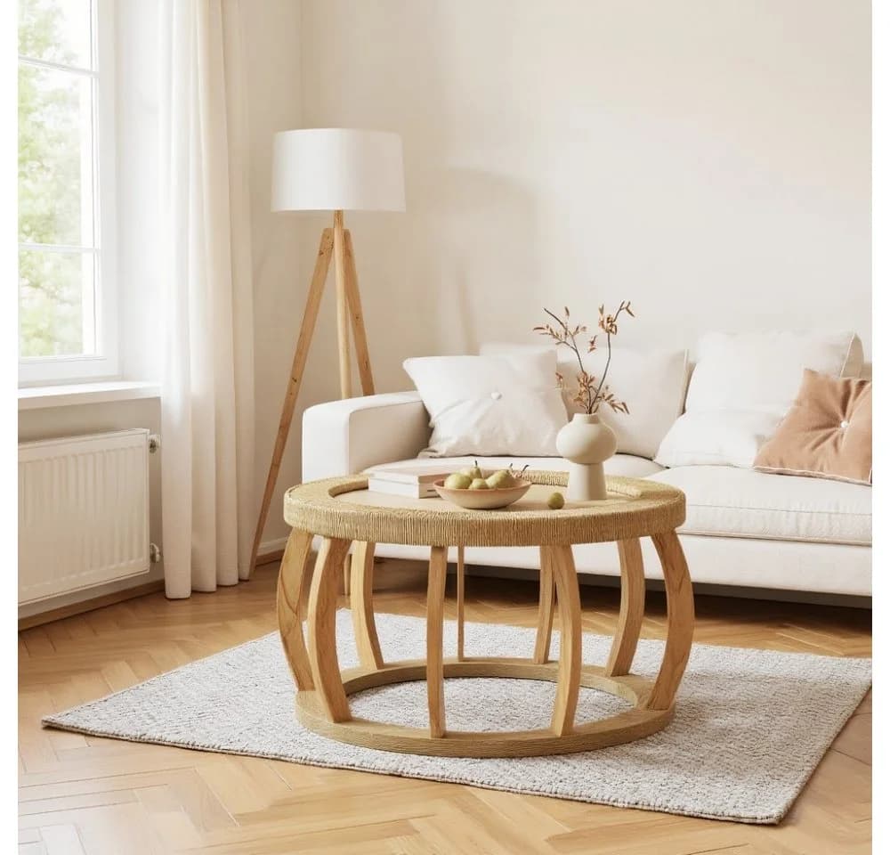 MODFU Runder Couchtisch Rattan-Optik Massivholz Beige - Bild 3