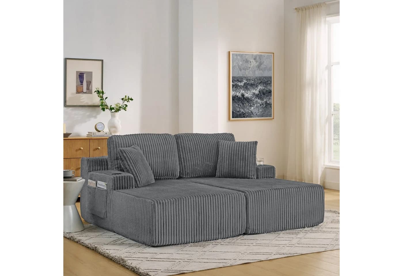 MODFU Schlafsofa 2-Sitzer Grau Kordstoff mit Getränkehalter - Bild 2
