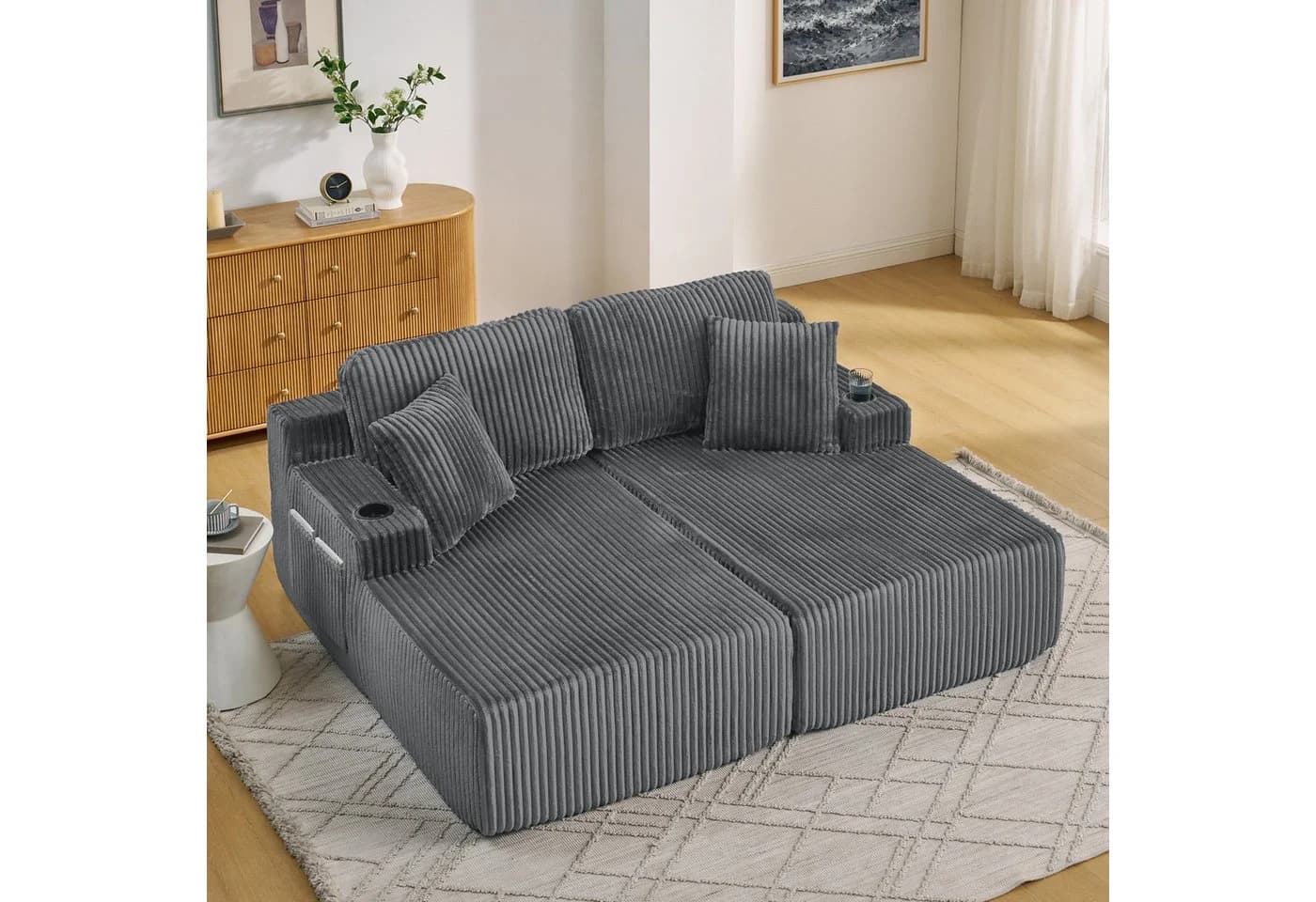 MODFU Schlafsofa 2-Sitzer Grau Kordstoff mit Getränkehalter - Bild 3