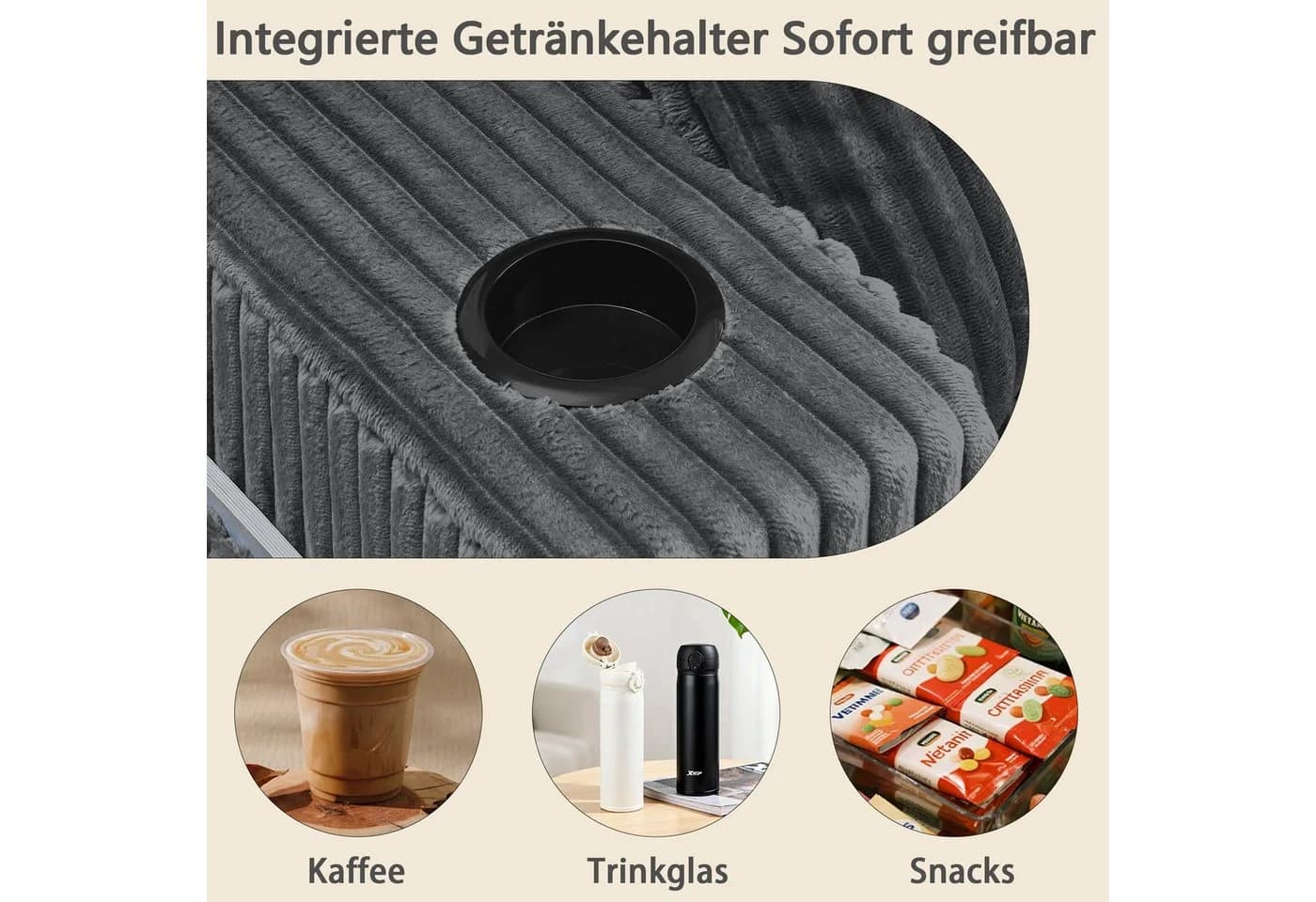 MODFU Schlafsofa 2-Sitzer Grau Kordstoff mit Getränkehalter - Bild 4