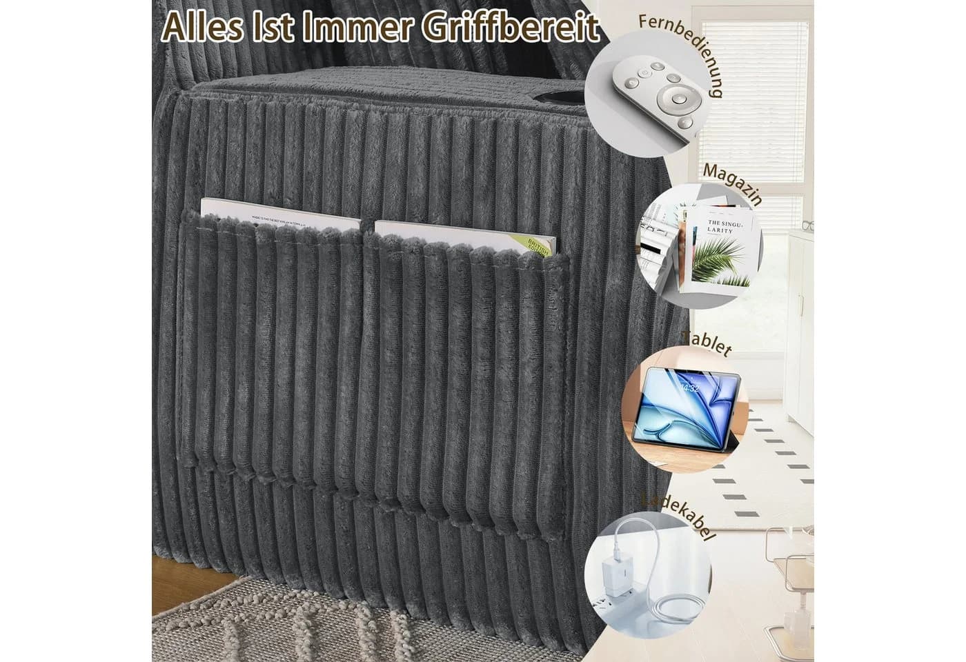 MODFU Schlafsofa 2-Sitzer Grau Kordstoff mit Getränkehalter - Bild 5