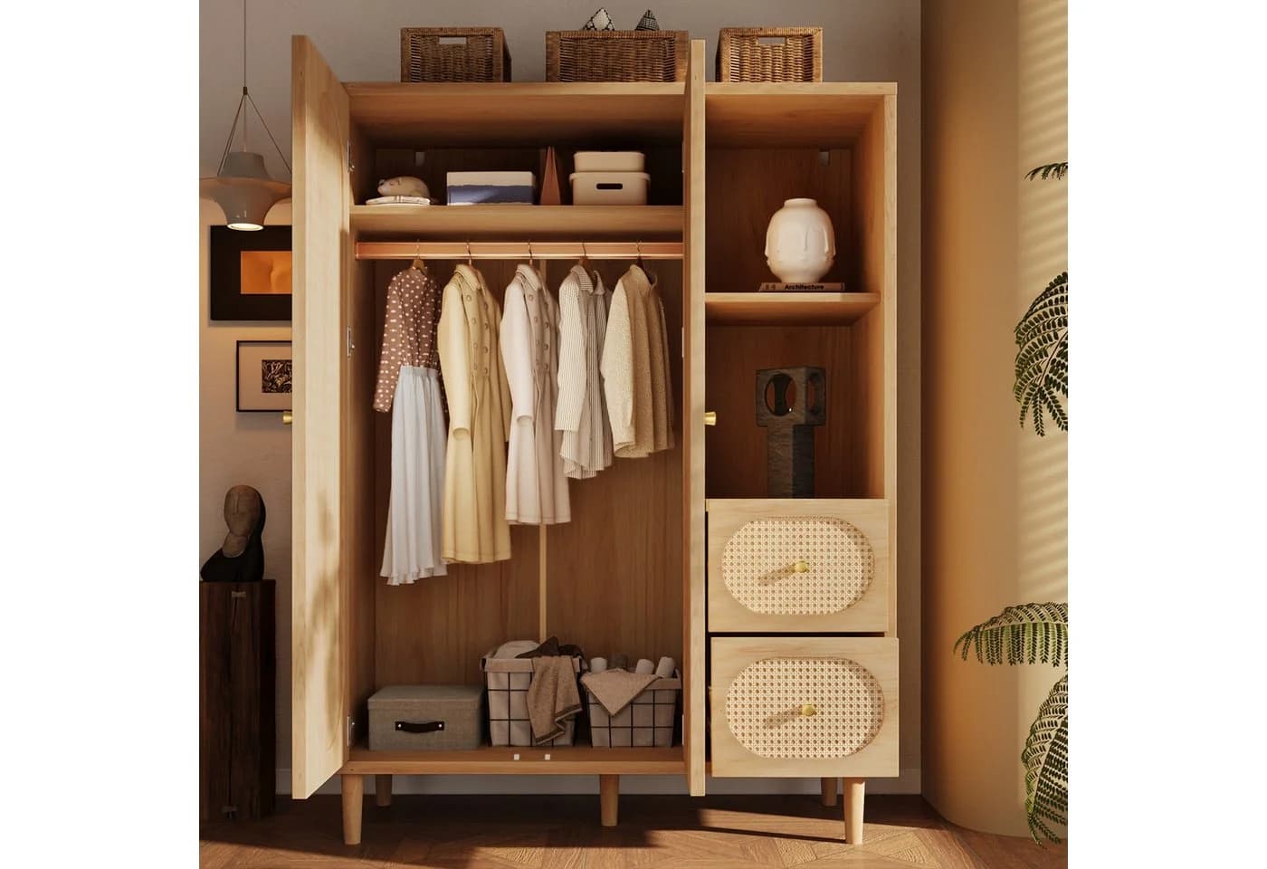 MODFU Garderobenschrank mit Kleiderstange und 3 Schubladen Eiche Gold