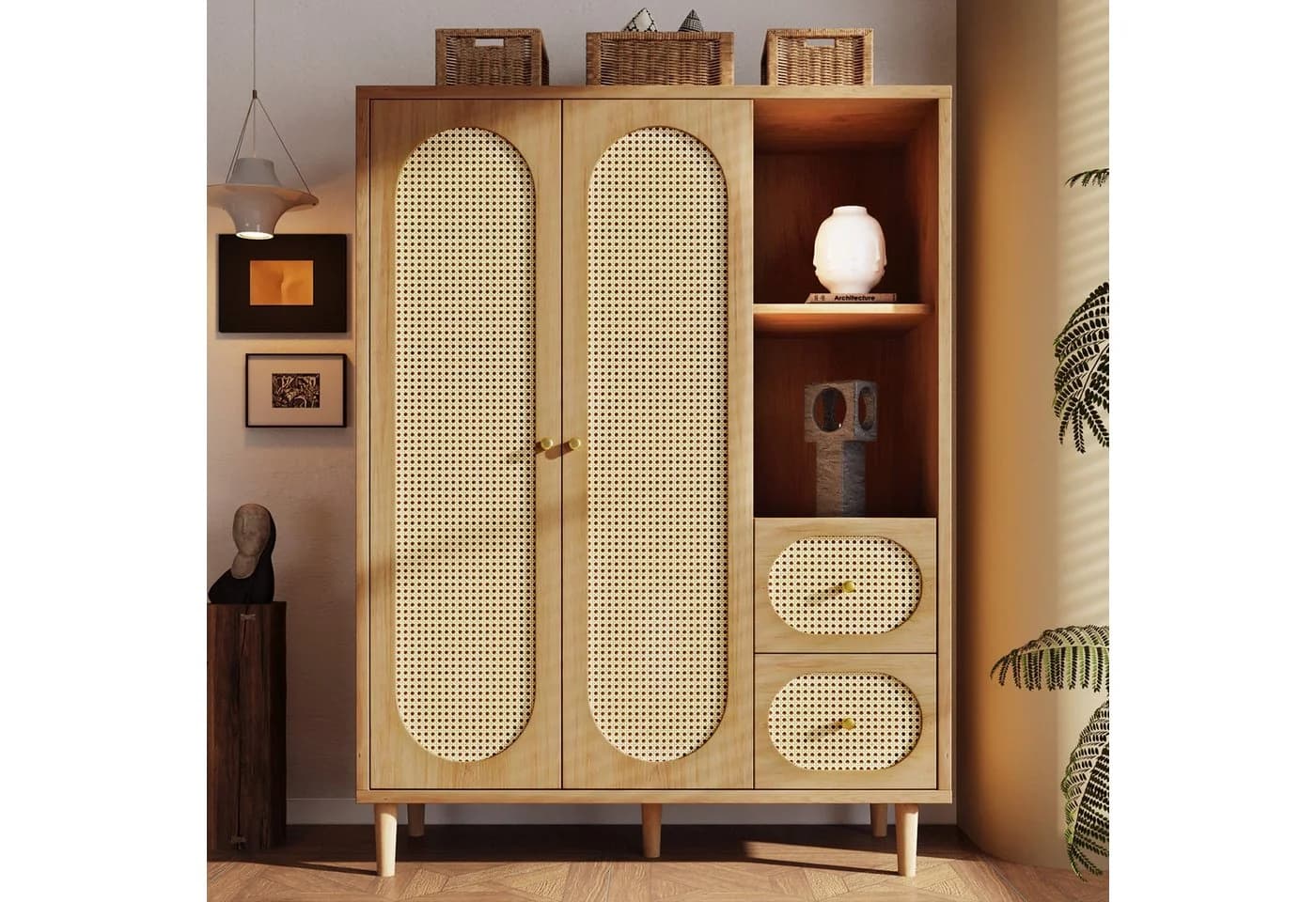 MODFU Garderobenschrank mit Kleiderstange und 3 Schubladen Eiche Gold - Bild 2