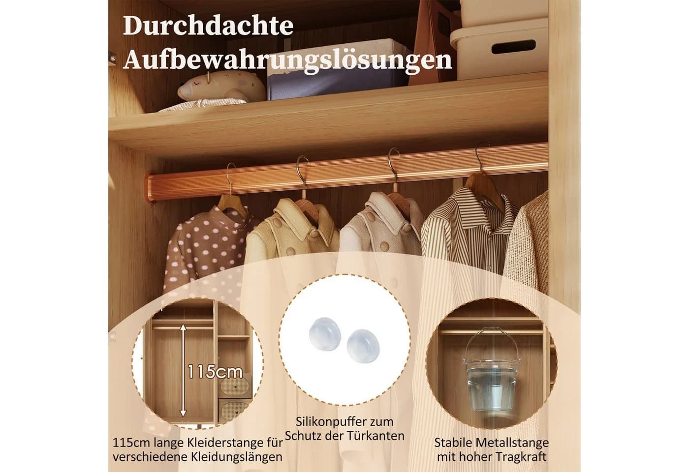 MODFU Garderobenschrank mit Kleiderstange und 3 Schubladen Eiche Gold - Bild 5