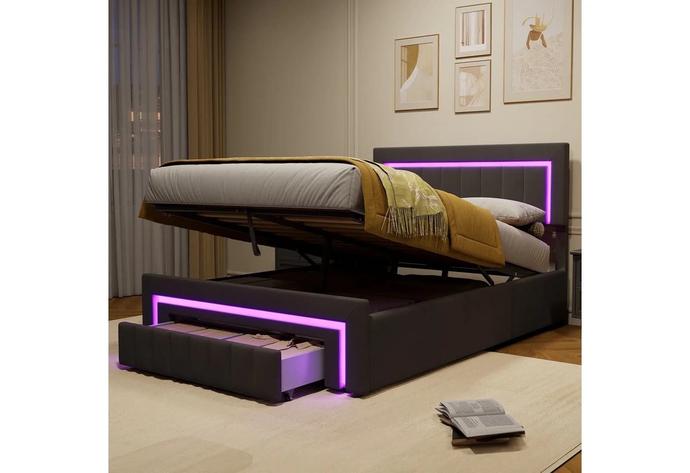 MODFU Polsterbett Anthrazit mit LED-Beleuchtung und Stauraum - Bild 4
