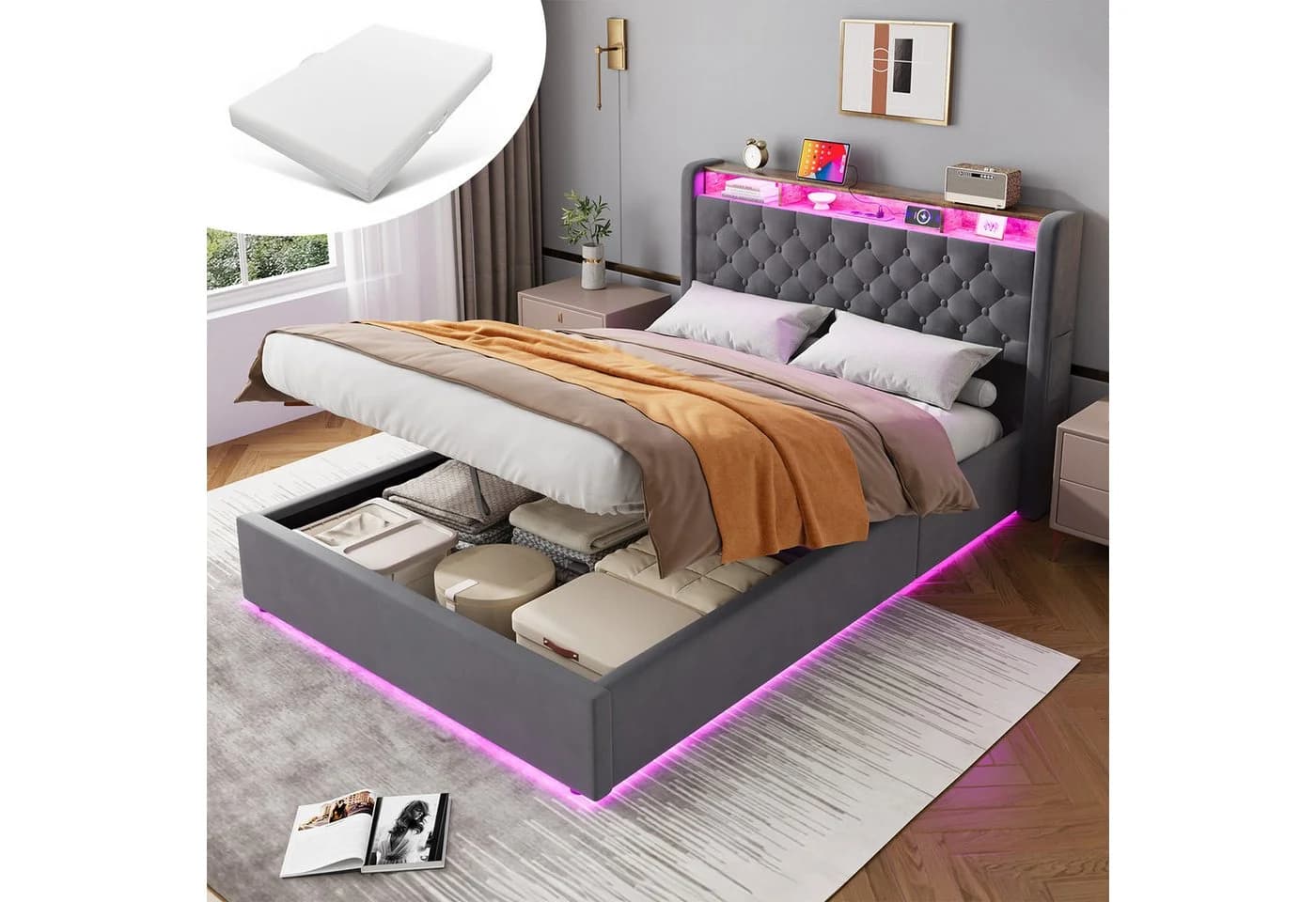 MODFU Polsterbett Grau mit Stauraum LED USB - Bild 2