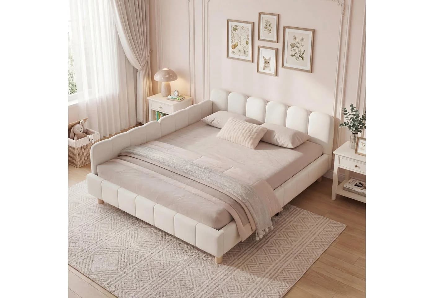 MODFU Polsterbett Beige Samt mit Rausfallschutz und Lattenrost - Bild 2