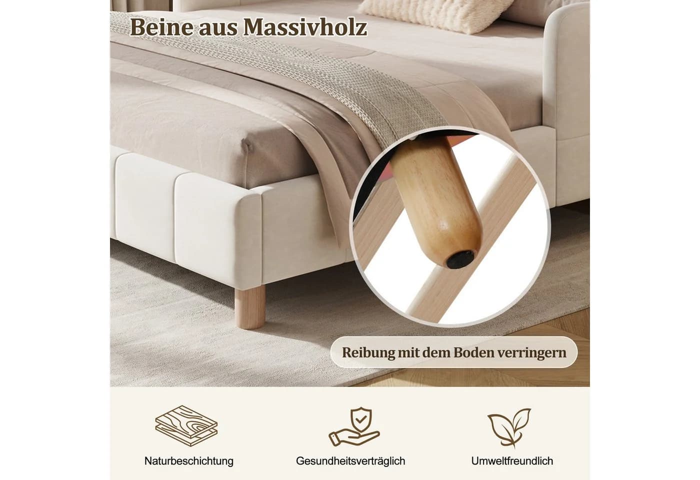 MODFU Polsterbett Beige Samt mit Rausfallschutz und Lattenrost - Bild 4