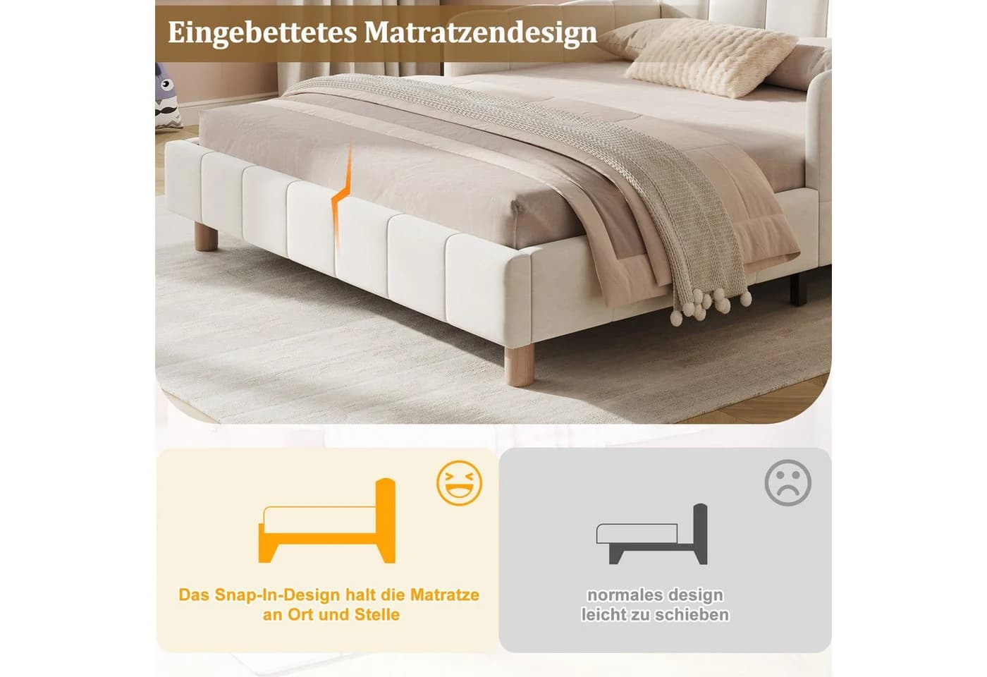 MODFU Polsterbett Beige Samt mit Rausfallschutz und Lattenrost - Bild 5