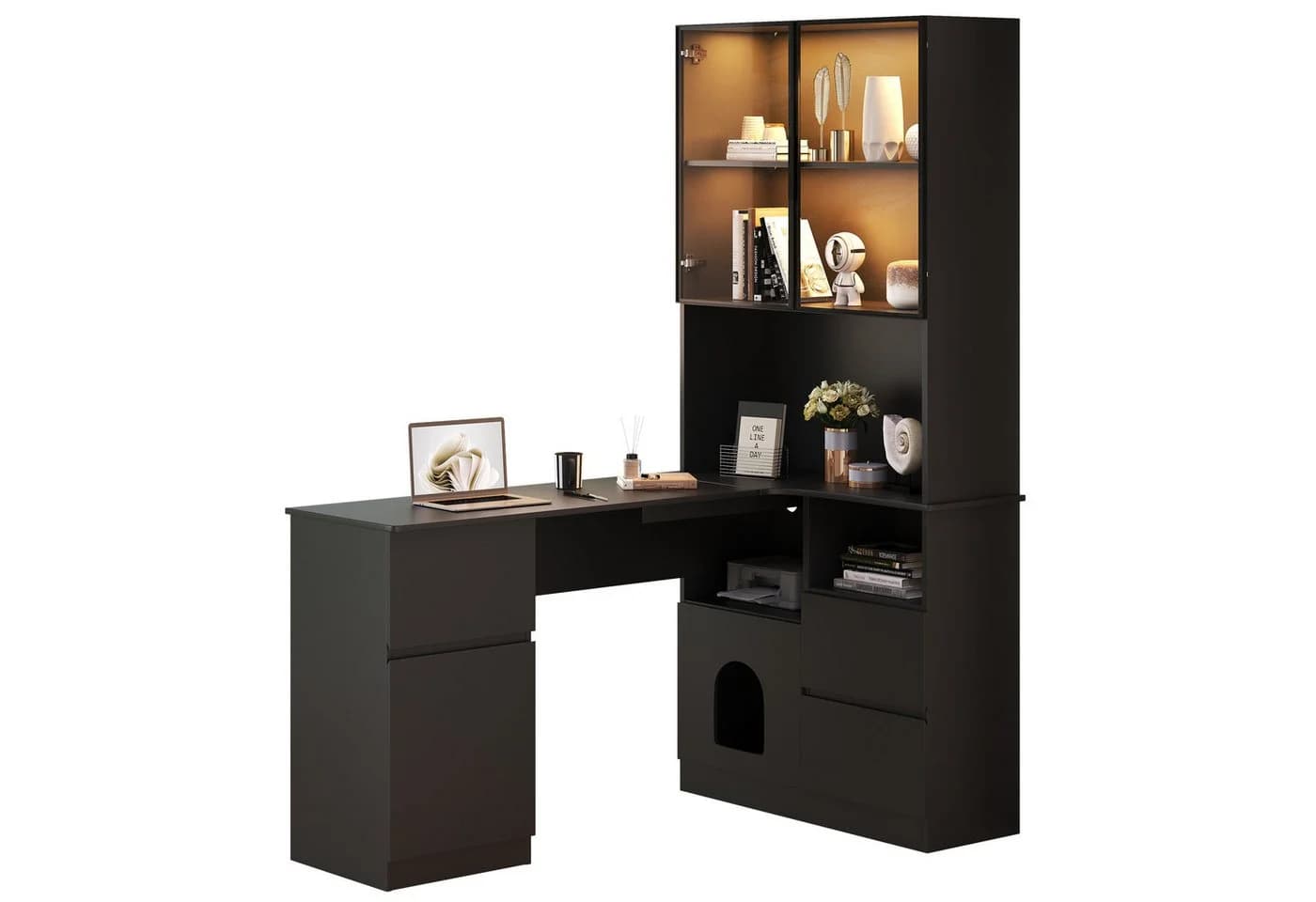 MODFU Eckschreibtisch mit LED-Vitrine & Haustierfach Schwarz - Bild 3