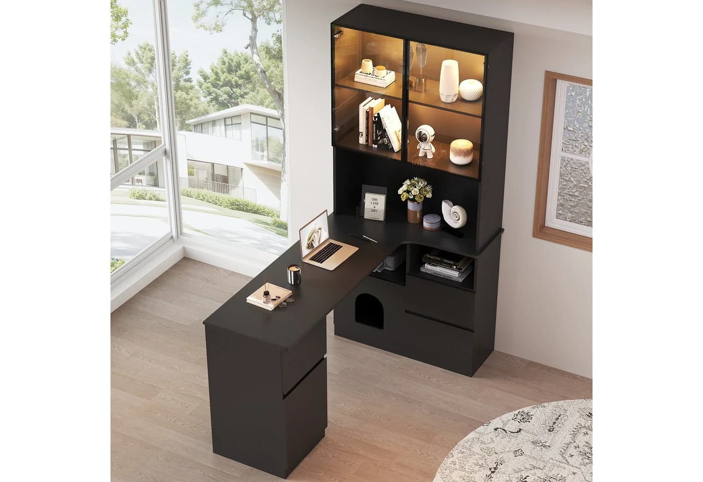 MODFU Eckschreibtisch mit LED-Vitrine & Haustierfach Schwarz - Bild 5