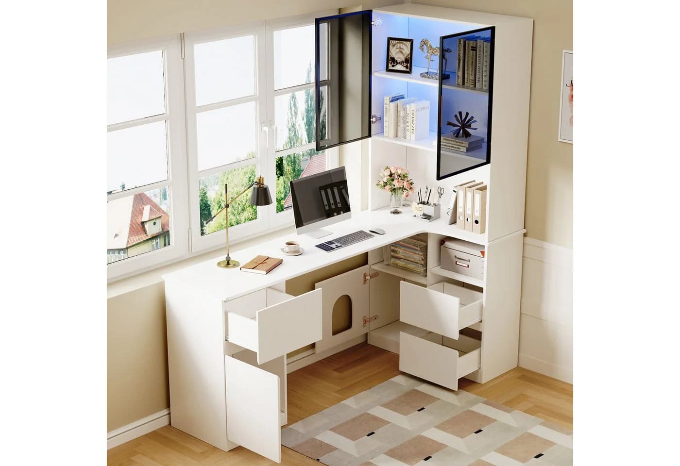 MODFU Eckschreibtisch mit LED-Vitrine Weiß Grau MDF - Bild 2