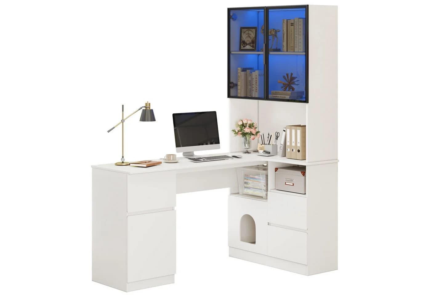 MODFU Eckschreibtisch mit LED-Vitrine Weiß Grau MDF - Bild 3