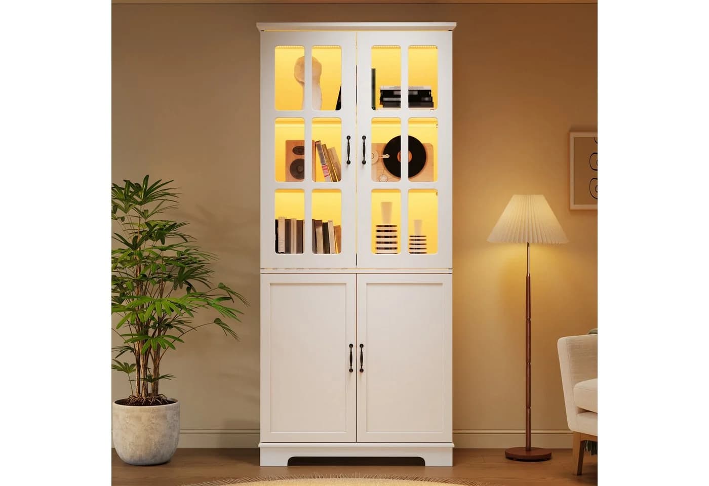 MODFU Vitrine Hochschrank Weiß Landhaus-Stil mit LED-Beleuchtung