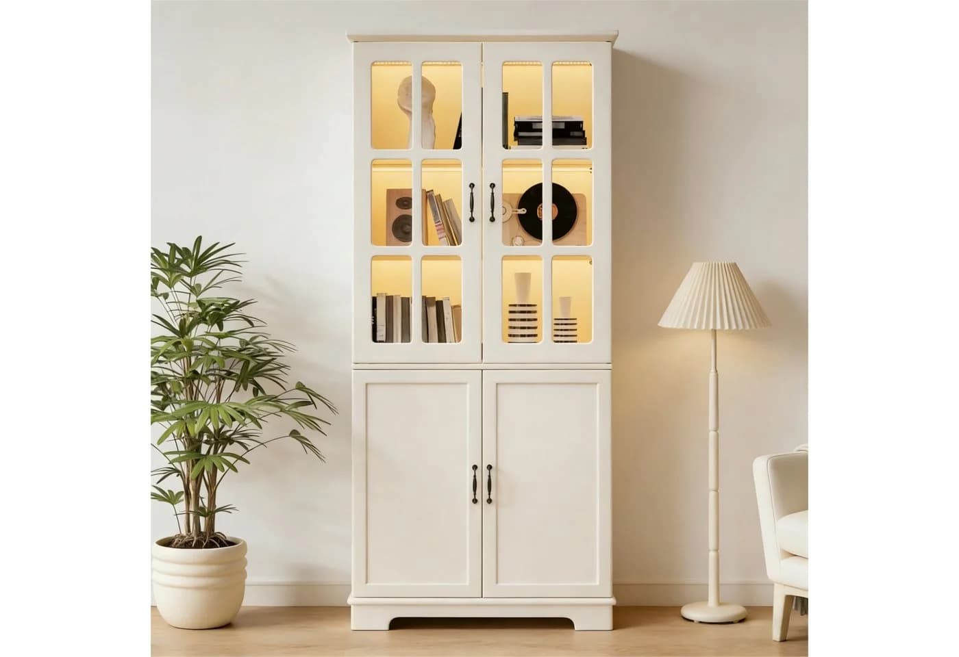 MODFU Vitrine Hochschrank Weiß Landhaus-Stil mit LED-Beleuchtung - Bild 3