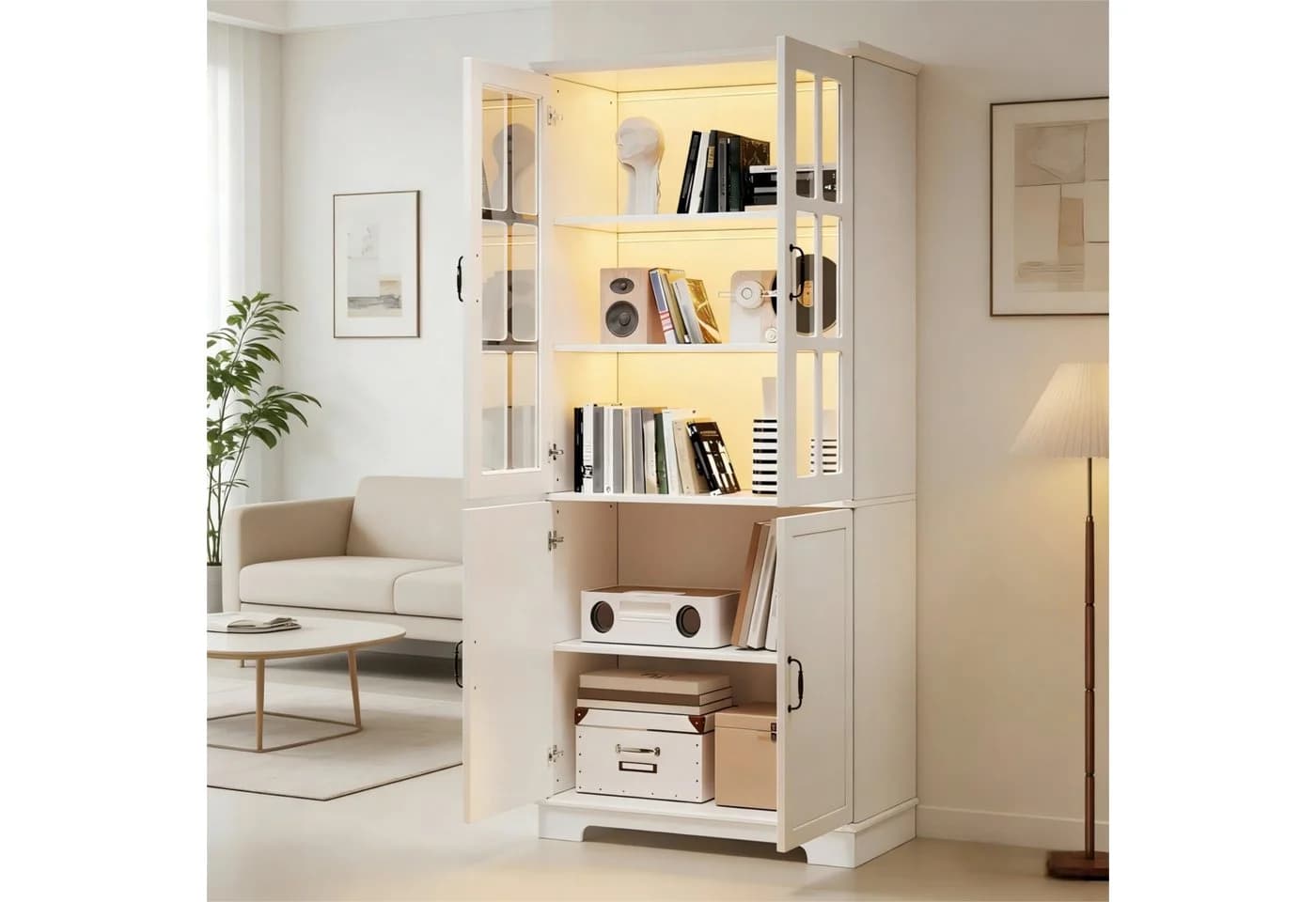 MODFU Vitrine Hochschrank Weiß Landhaus-Stil mit LED-Beleuchtung - Bild 4