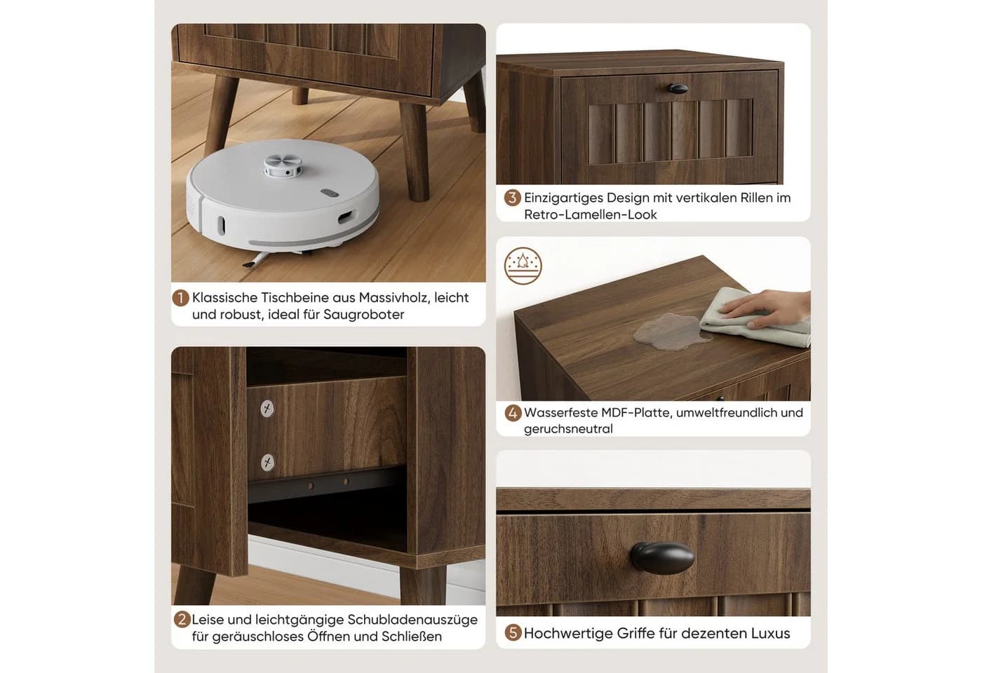 MODFU Nachttisch Retro Walnuss 2 Schubladen Massivholzbeine - Bild 5